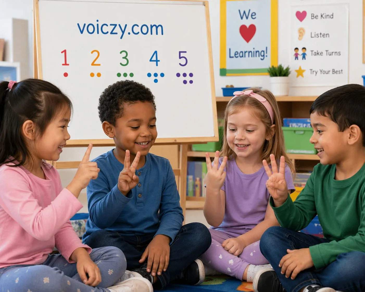 A group of young children learning together and counting with their hands