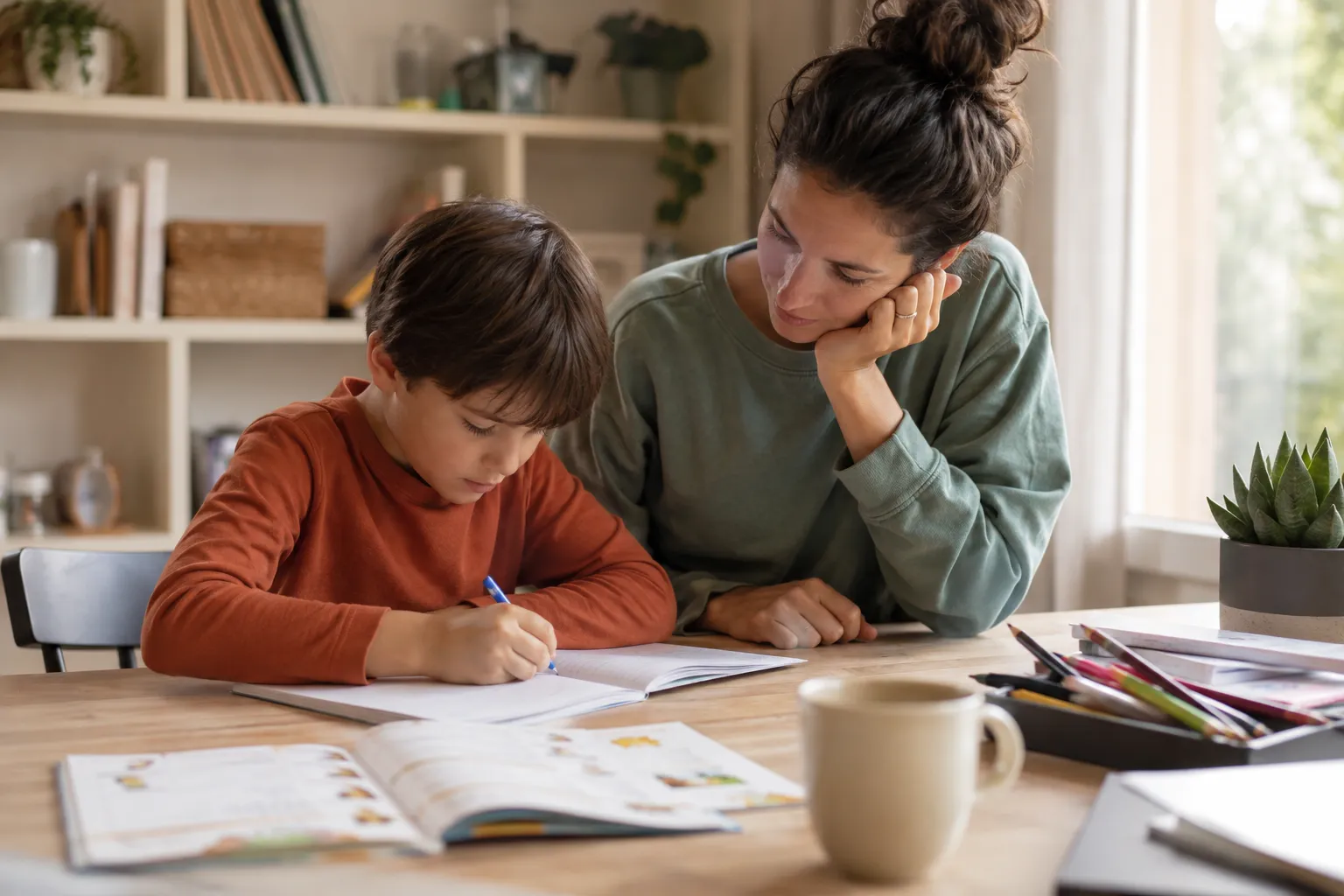 Um pai e uma criança estudando em casa juntos à mesa da cozinha, com livros, um globo e um tablet