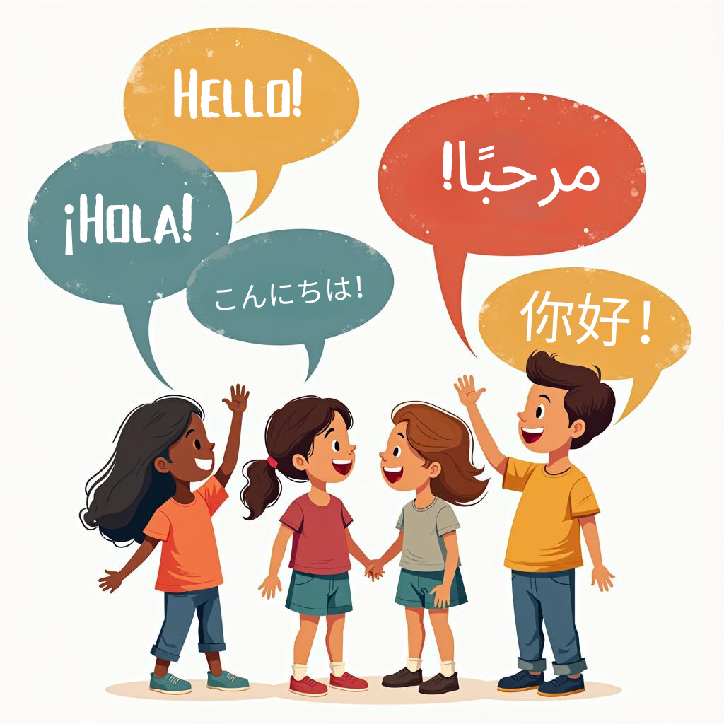 رسم توضيحي ملون يظهر أطفالًا من أعراق مختلفة يتحدثون بسعادة في فقاعات كلام مليئة بنصوص لغات مختلفة